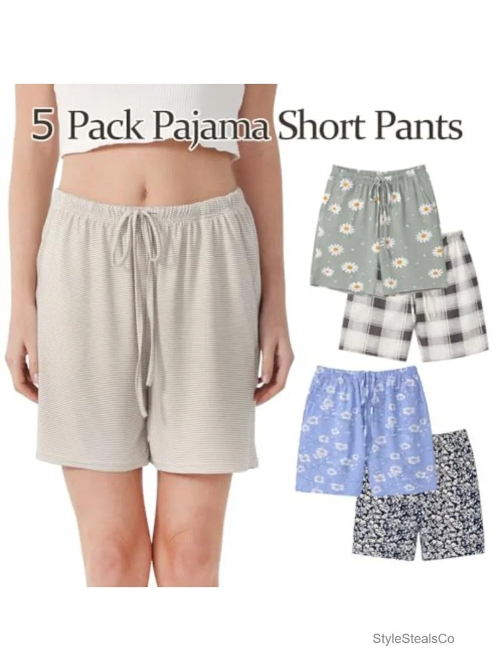 5-Pack Pajama Shorts with Drawstring and Pockets